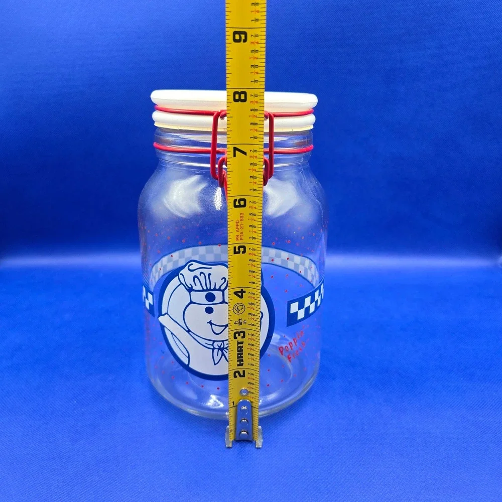 Vintage Pillsbury Doughboy Poppin Fresh Glass Canister Red Wire Bail Lid 8in